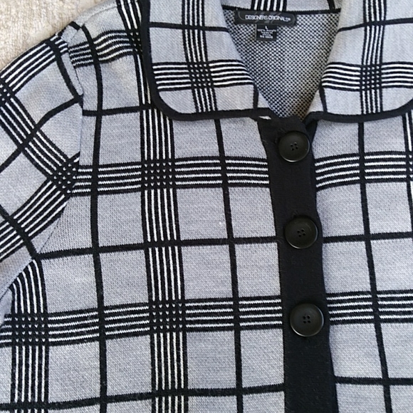 Designers Originals Plaid Windowpane Acrylic Sweater Jacket LARGE Black Gray - Picture 9 of 10
